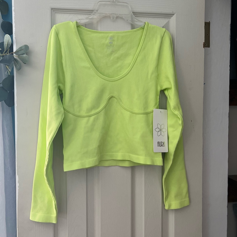 Aura Neon Green long sleeve crop top with line shaping detail